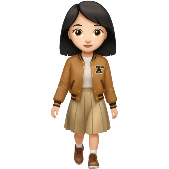  light skin, black cololong hair girl with brown varsity jacket and long skirt walking  emoji