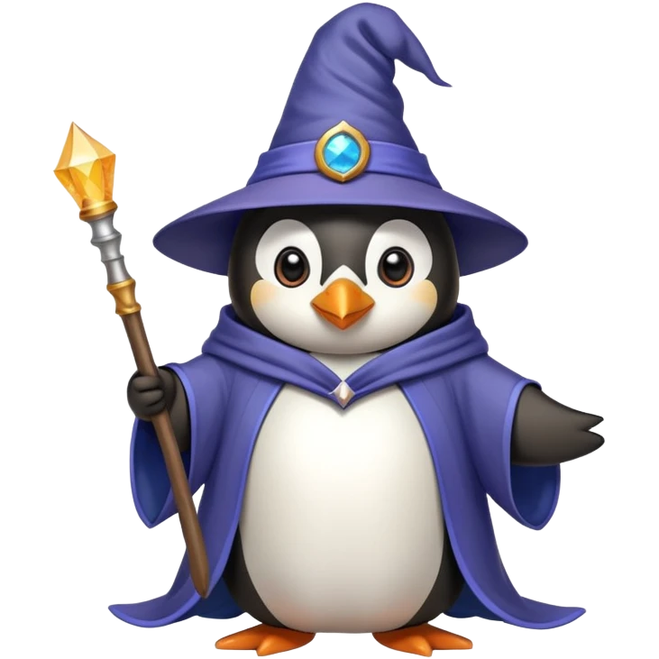 Penguin wearing wizard hat and robe holding a magic wand emoji