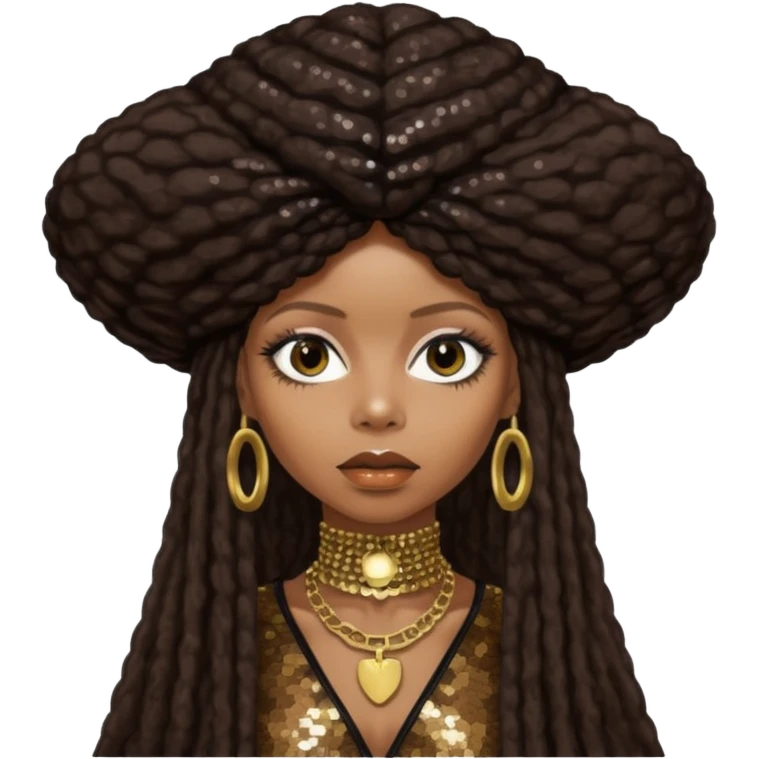 Erykah Badu with dark brown hair, dark brown sequin outfit emoji