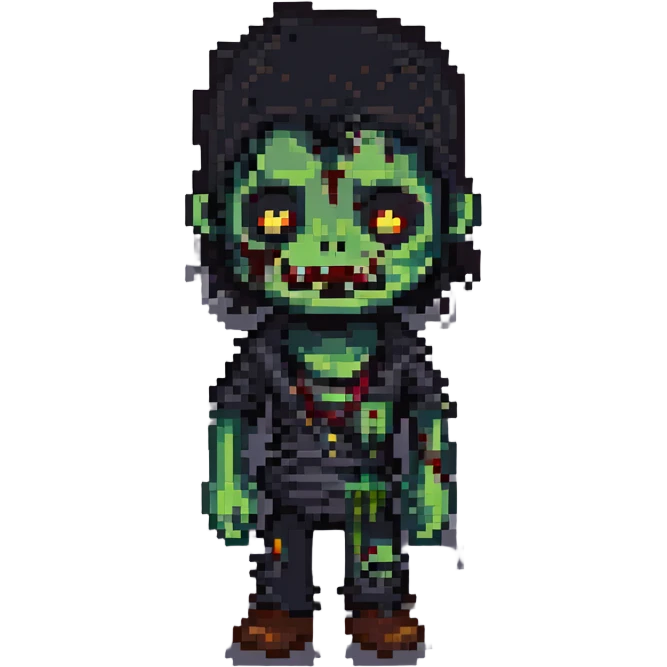 zombie boy with black hair and brown eyes, third distinct style, pixel art, creative emoji