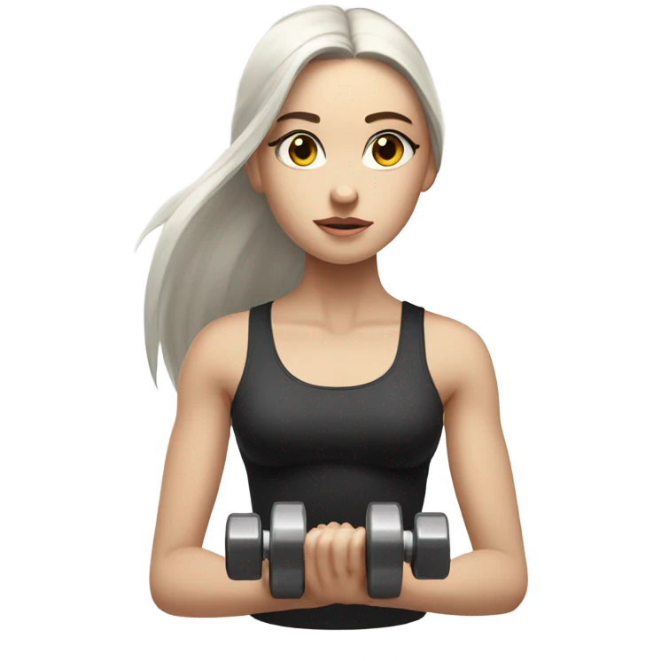 Pale girl with long black hair lifting weights emoji