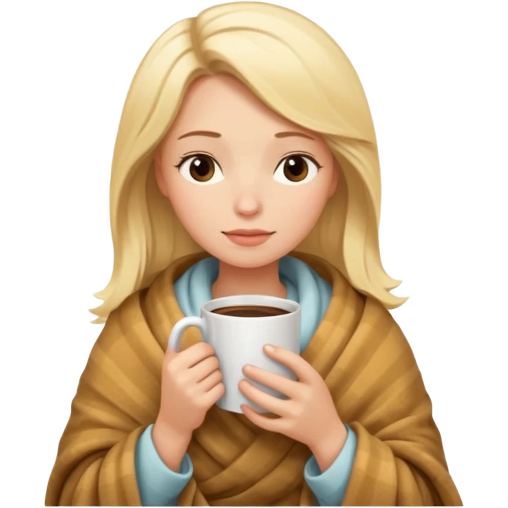 blonde woman cozy in a blanket, holding a coffee mug, eyes gently shut, peaceful emoji style emoji