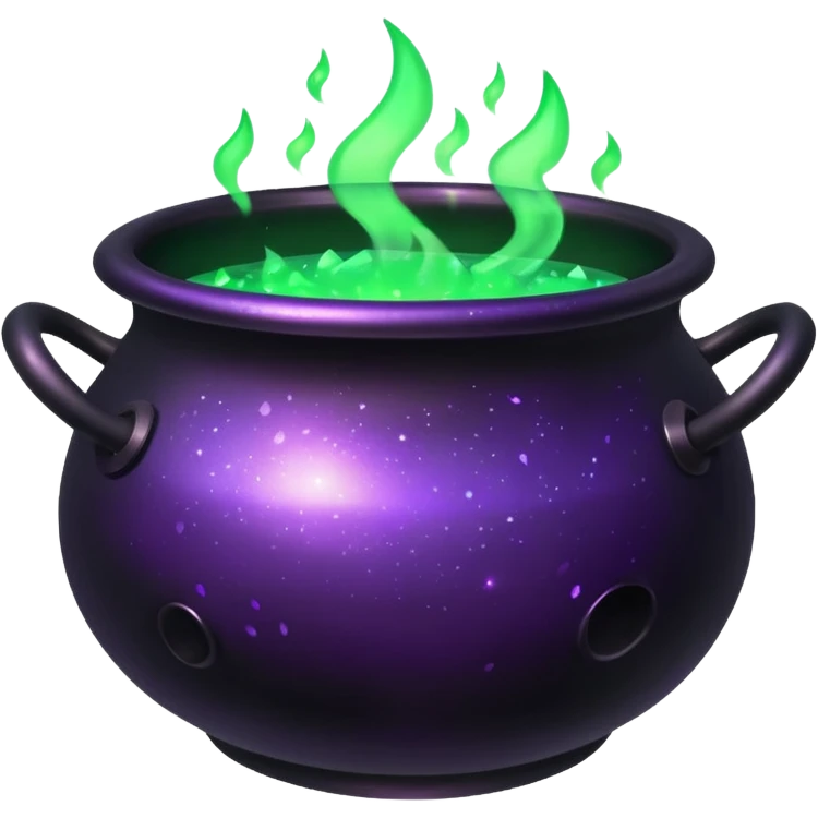 A cauldron with green glow and purple sparkle magic emoji