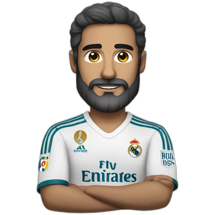 dark haired man with grey beard in real madrid jersey standing with arms crossed emoji