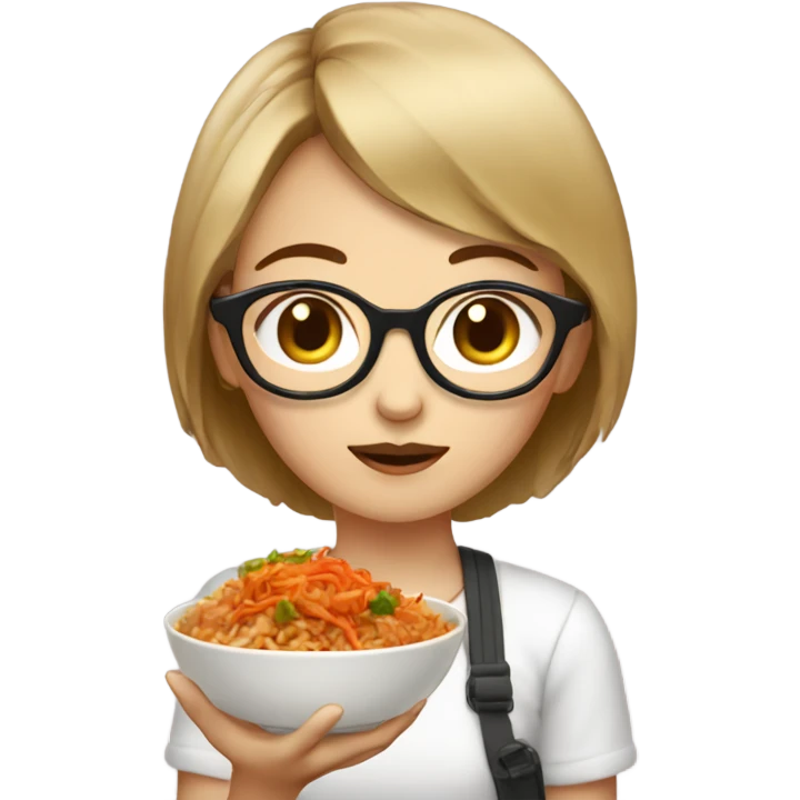 A girl with short hair and glasses eating Kimchi fried rice with extra kimchi on top emoji