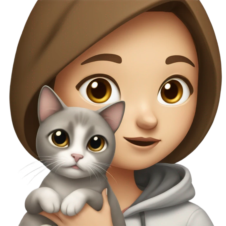 girl with brown hair and freckles, wearing a hoodie, holding a Siamese cat that is white and gray emoji