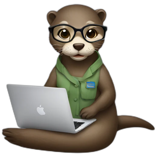 female vet otter with glasses use a macbook while seated against a pillow emoji