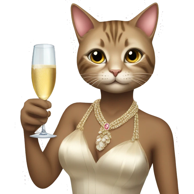 Cat in glamour outfit, with perks on hers neck , and glass of champagne in hand  emoji