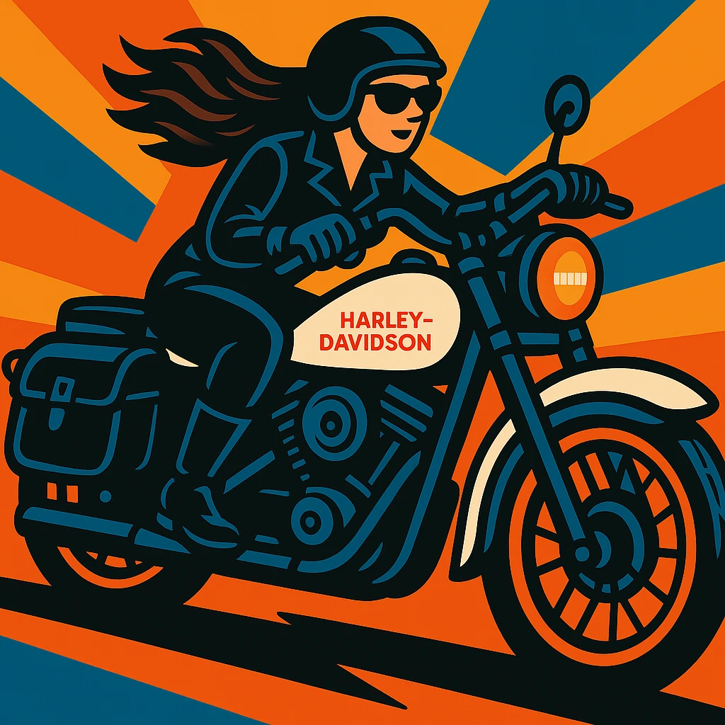 Add black leather saddle bags to the motorcycle, keep the vibrant toon style and all original details. emoji