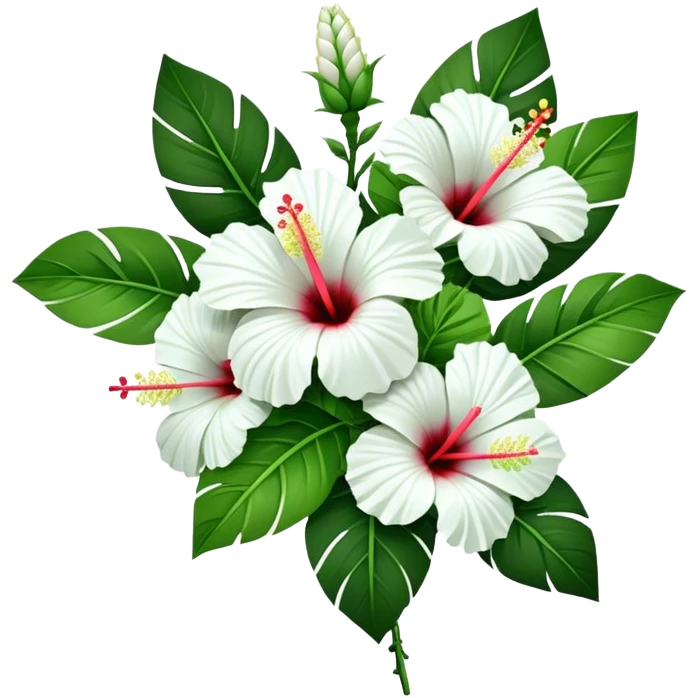 bouquet white Hawaiian hibiscus, luxuriant, stem, leaf, bud emoji