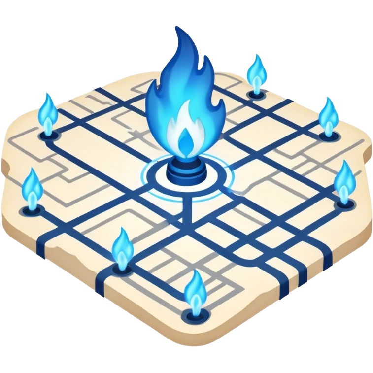 a map with a glowing blue flame on the x and networking paths emoji