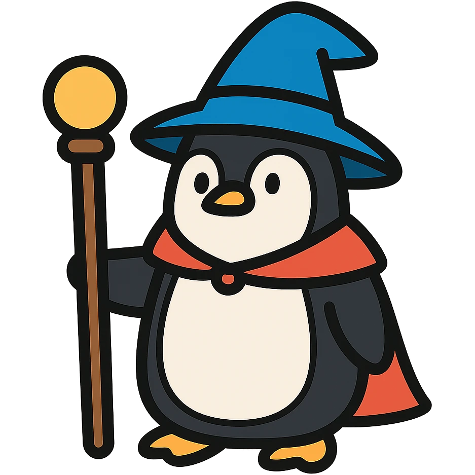 color outline icon of a penguin wizard holding a staff emoji