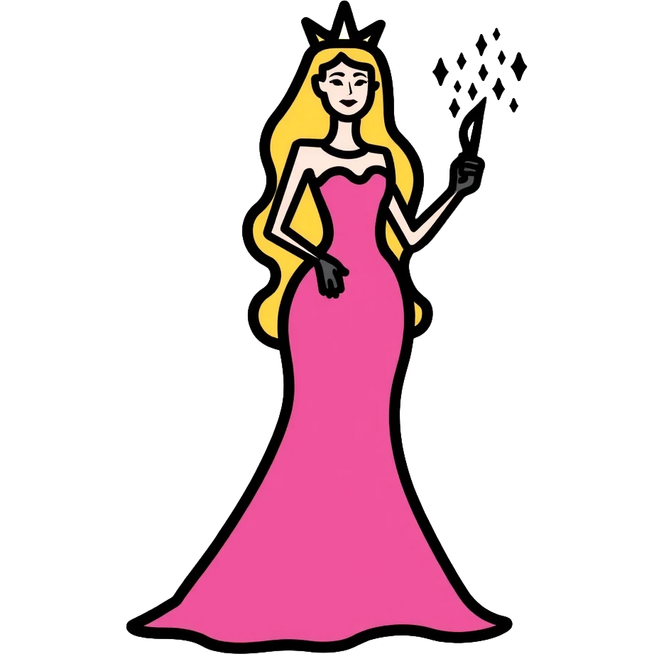 Glinda from Wicked musical, blonde witch with tiara, pink dress and magic wand emoji