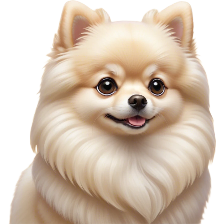 Cinematic Cute Cream Pomeranian Portrait Emoji, Head tilted playfully and inquisitively, featuring a luxurious, fluffy cream Fur with a natural sheen, round, sparkling dark eyes filled with curiosity, Simplified yet irresistibly adorable features, highly detailed, glowing with a warm, friendly glow, high shine, affectionate and lively, stylized with a touch of whimsy, bright and endearing, soft glowing outline, capturing the essence of a mischievous yet loving pup, so playful it feels like it could scamper out of the screen and into your arms! emoji