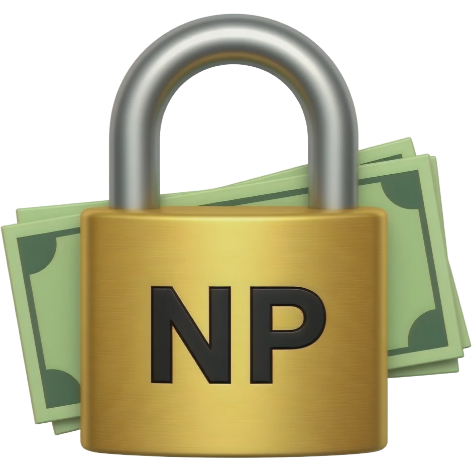 A gold lock that says “NP” in black. Lock holding money emoji