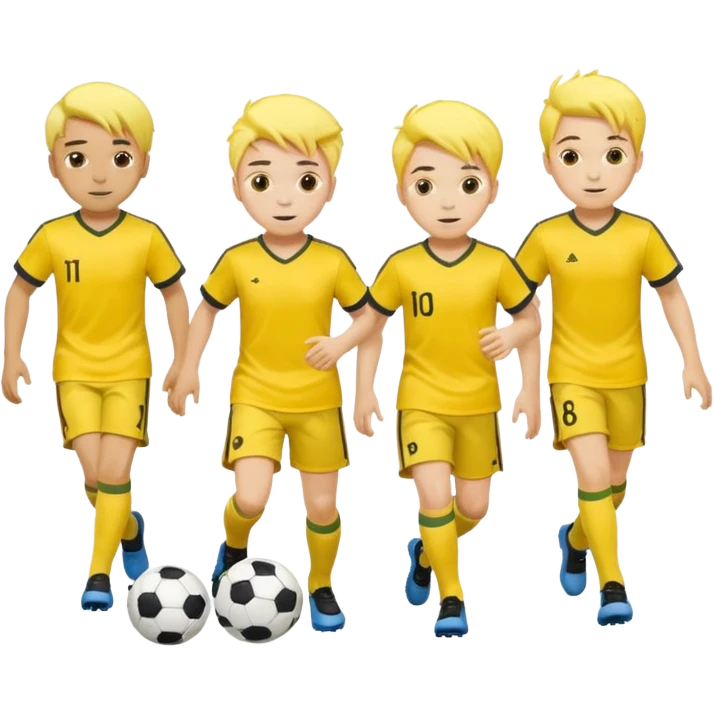 boys play soccer in yellow dress, yellow shrits, yellgow socks. others colors hair emoji