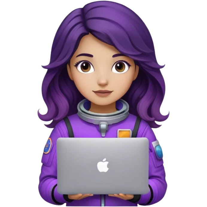 girl astronaut with purple suit, long ombre black/brown wavy hair and one macbook emoji