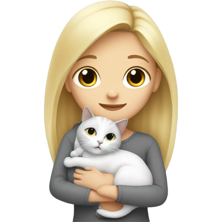Blonde girl hugging grey and white small cat emoji
