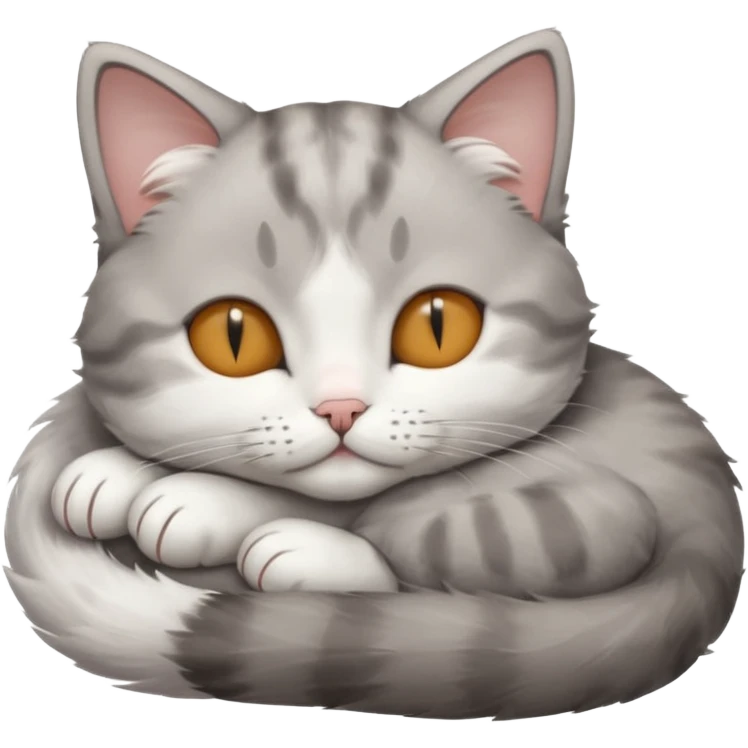 grey and white small cat with eyes closed lying down upside down with its head resting own paw emoji