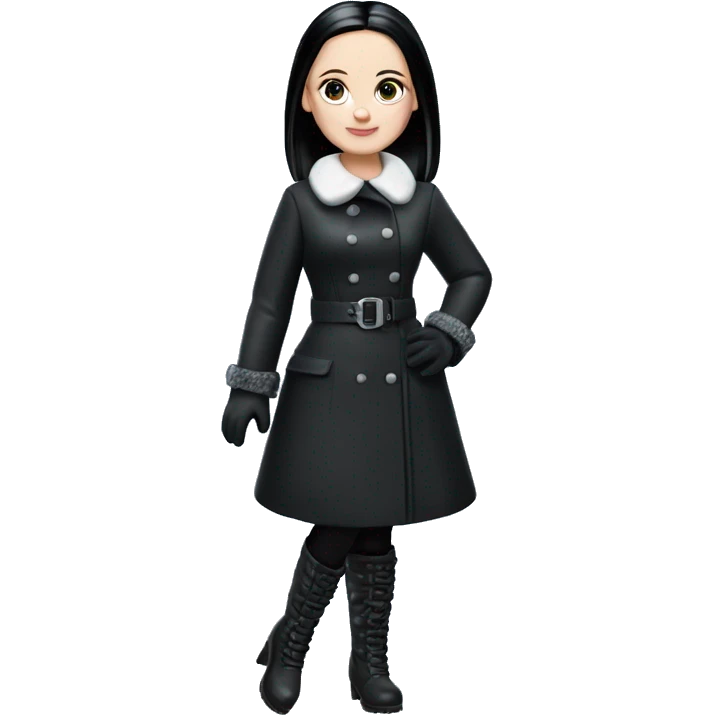 Dazzling Winter Barbie Wednesday Addams.  Wearing coat gloves boots  emoji