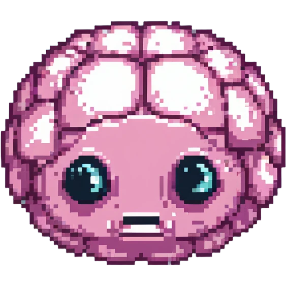 16-bit pixel art of a pink brain-shaped blob with sad droopy eyes and downturned mouth, smooth rounded brain texture, simple retro gaming style emoji