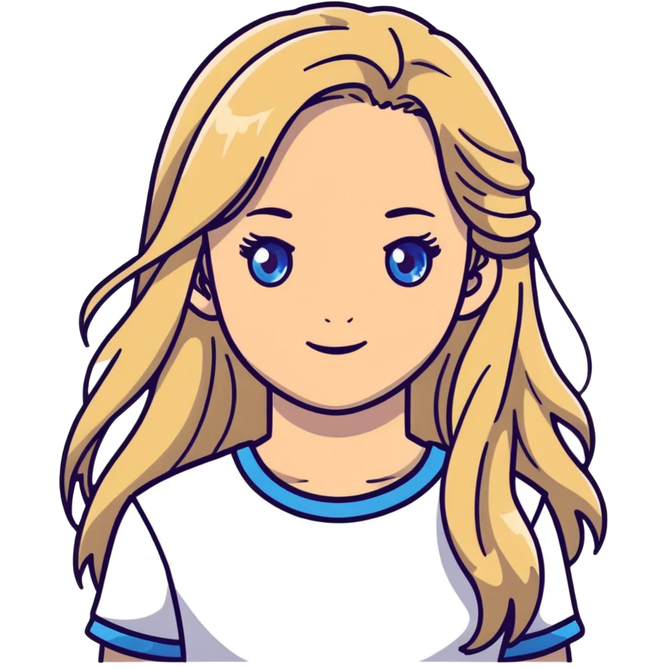 girl with long dirty blond hair, blue eyes, wearing a white top emoji