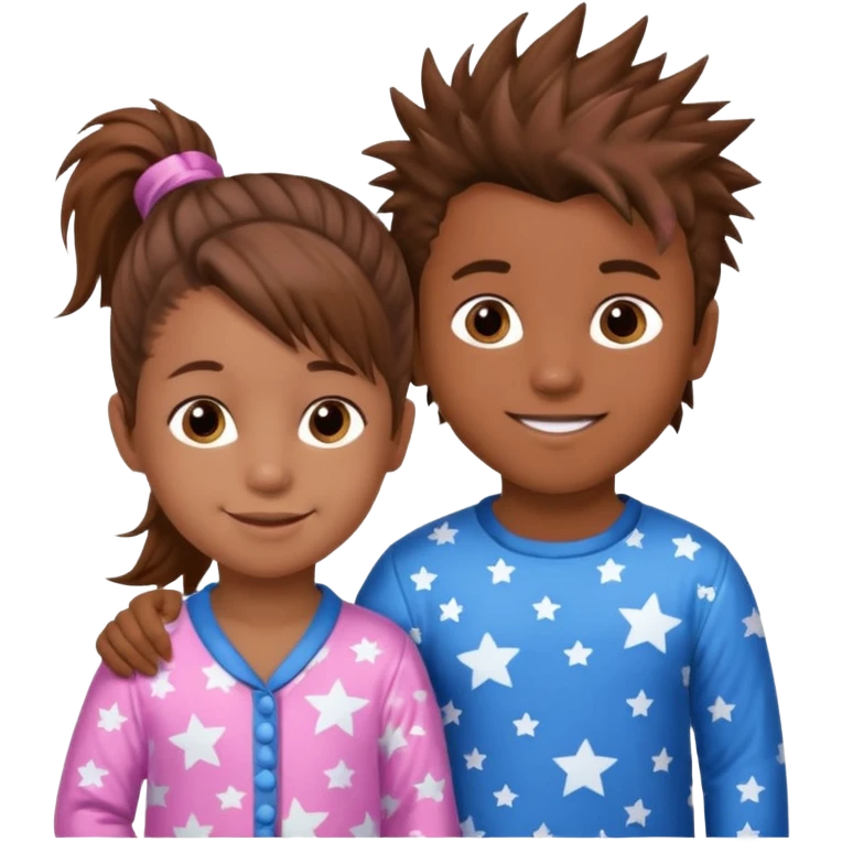 4 year old brown spikey haired boy with blue pajamas with stars on them and a 1 year old brown haired pony tail girl with pink pajamas, and stars on them with light skin. Top left on, can you make them smile more?  emoji