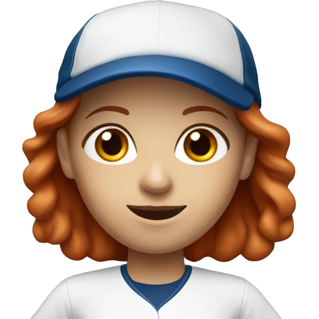 a standing white female coach with long red hair, wearing a white t-shirt and a simple blue baseball hat, in a friendly and confident pose emoji