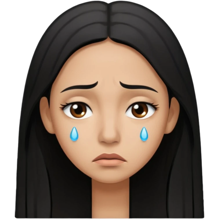 Sad crying woman with long straight black hair, brown skin tone, teardrops on face, worried eyebrows, neutral mouth emoji
