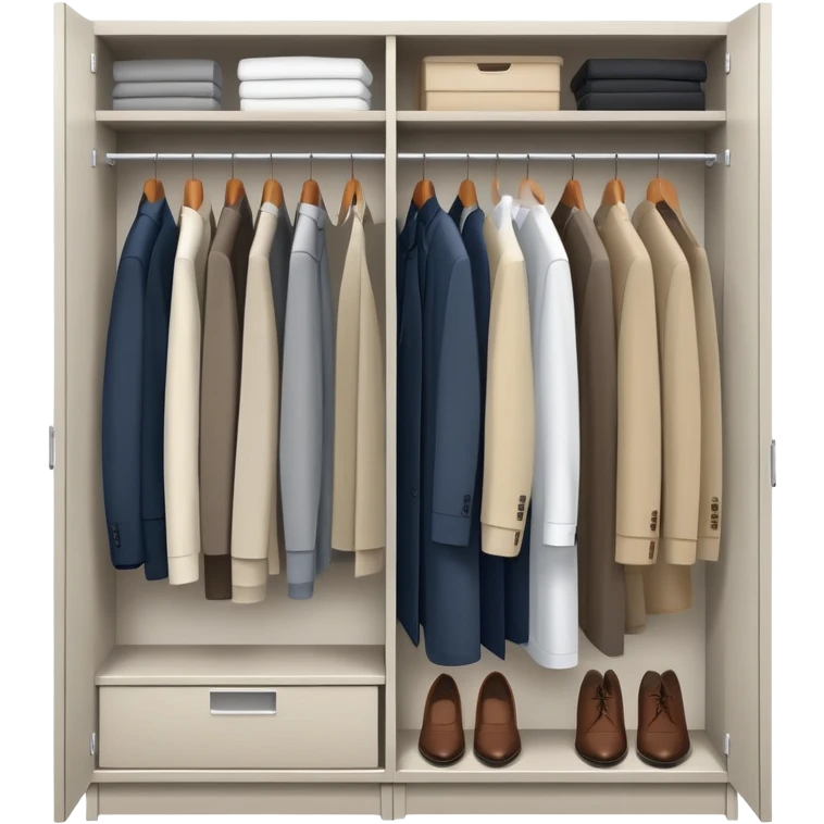Minimalist wardrobe closet slightly open showing neatly hung professional jackets and shirts inside, organized emoji
