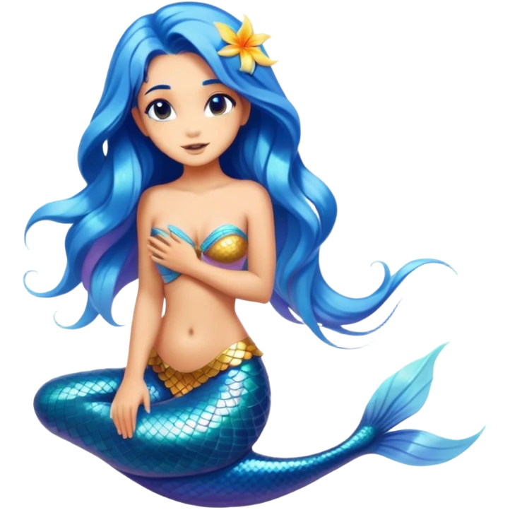Cinematic Realistic Blue Hair Mermaid Portrait, depicted with lifelike, sun-kissed tanned skin that exudes a warm, radiant glow under gentle underwater lighting. Her intricately detailed, flowing blue hair cascades like a waterfall of ocean hues, framing deep, mesmerizing eyes that capture the vibrant spirit of the sea. Adorned with a shimmering tail and delicate tropical accents, the portrait features an enchanting underwater glow that blends realism with mythic coastal allure. emoji