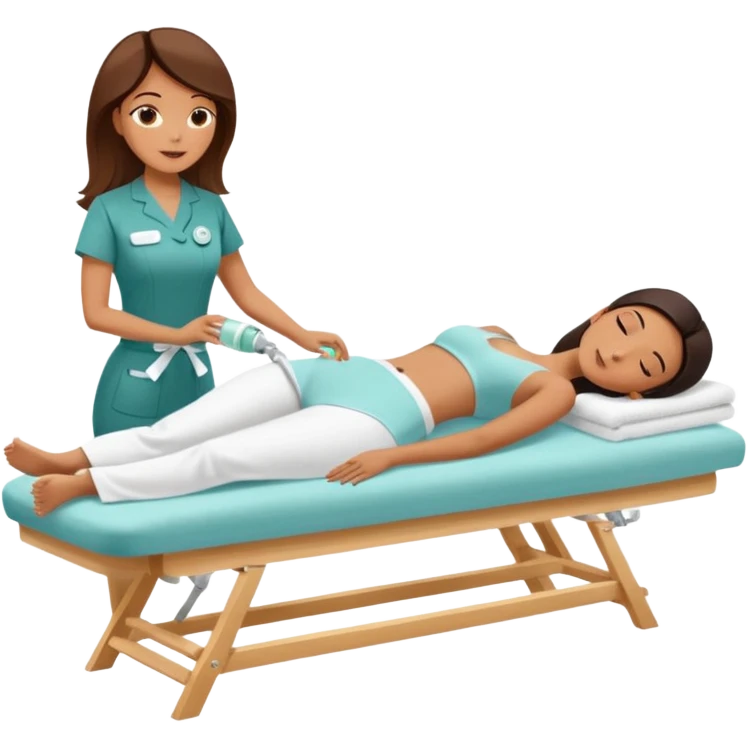 Emoji of a woman lying down on a spa bed while another woman in spa uniform applies a cavitation fat-burning treatment on her abdomen,  emoji