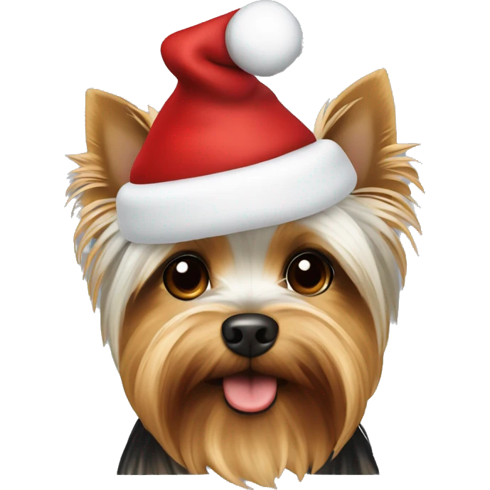 White and brown yorkie with red Christmas hat emoji