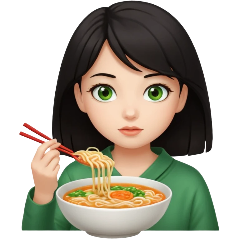 a dark-haired girl with green eyes is eating ramen emoji