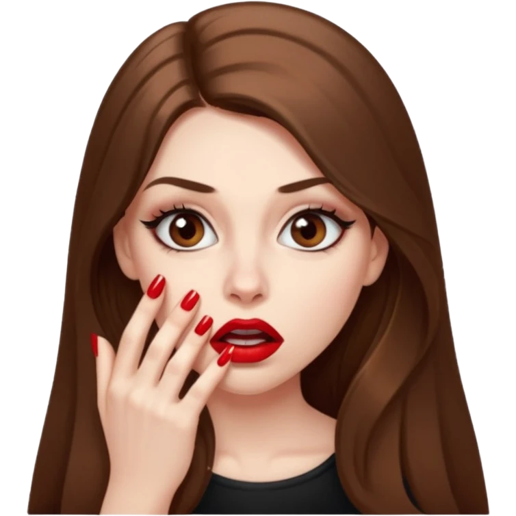 A girl with long brown hair, eyeliner, long lashes, light brown eyes, pale skin and red lipstick biting her nails nervously and looking scared. emoji