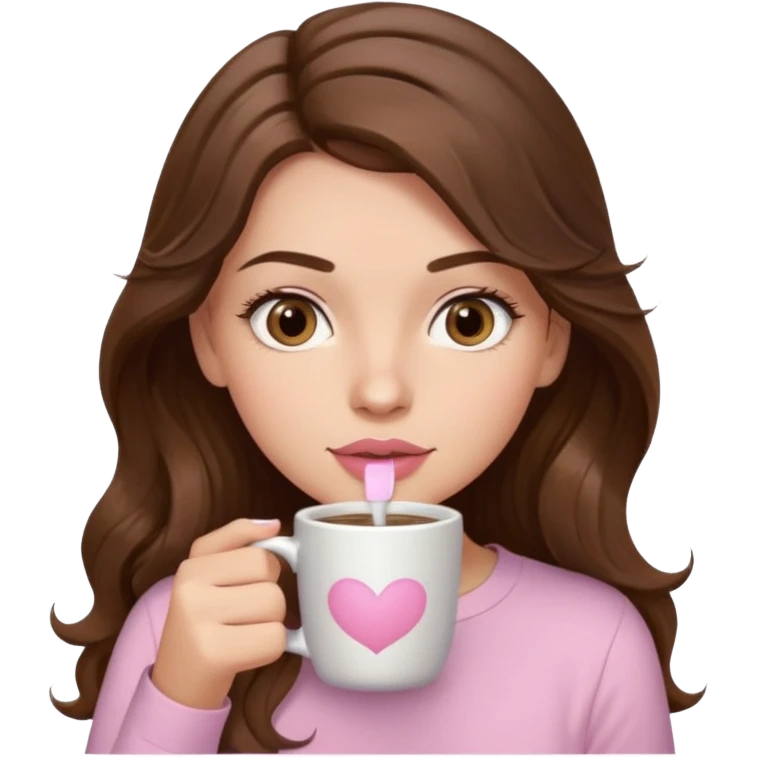girl with wavy long brown hair, brown eyes, light to medium complexion, long lashes, light pink lipstick, wearing light pink shirt, sipping coffee emoji