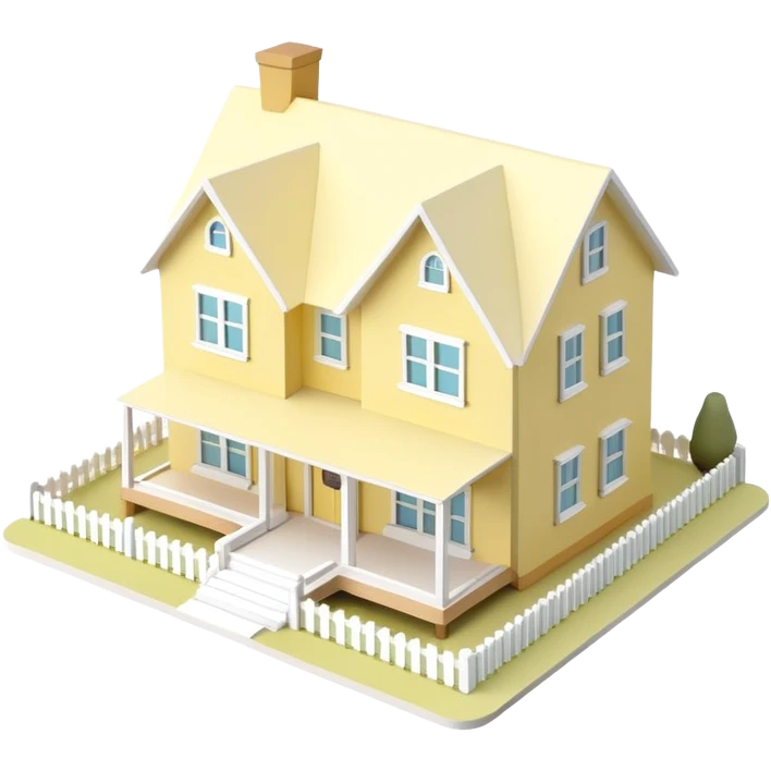 modern farmhouse dollhouse, 3d isometric, pastel yellow and white, realistic emoji