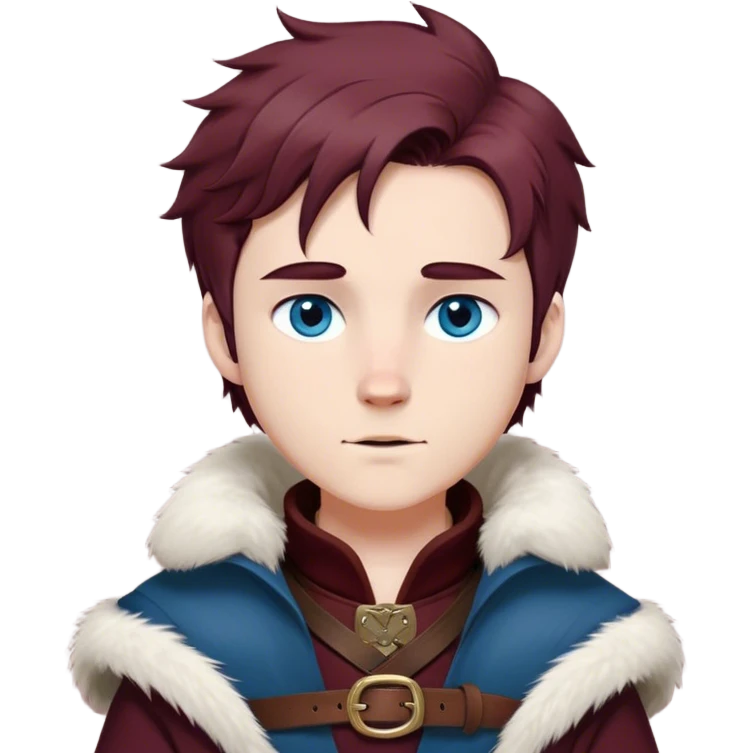 Medieval winter outfit worn by a DnD themed fantasy male character. Thick burgundy wool tunic with arctic fox fur lining, adorned with bronze clasps and a sturdy woven leather belt. Clothes only above the waist, full waist coverage. The character has no arms. Character is white-skinned with mahogany hair, stormy blue eyes, and short layered hair windswept with winter chill emoji