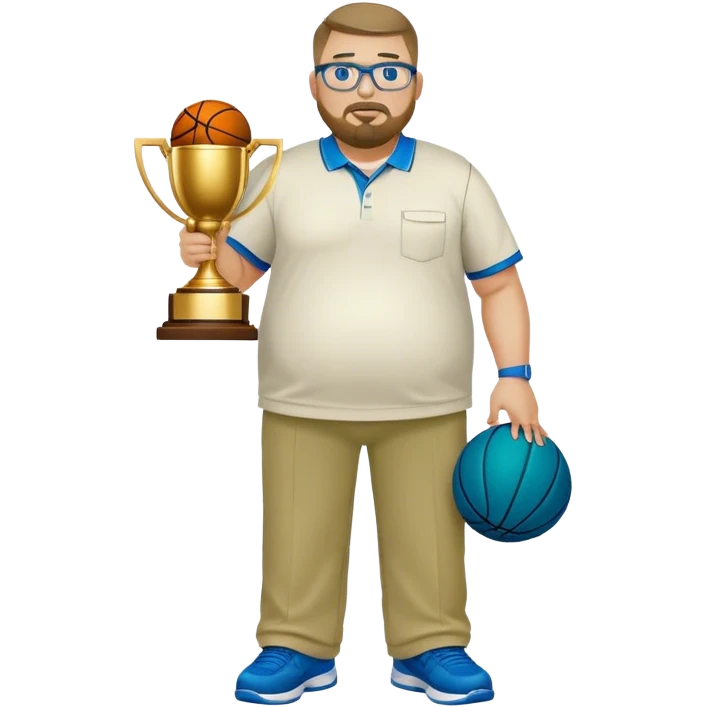 full body white obese male basketball coach with trophy. Goatee , Wearing glasses and blue and green polio with khaki pants emoji