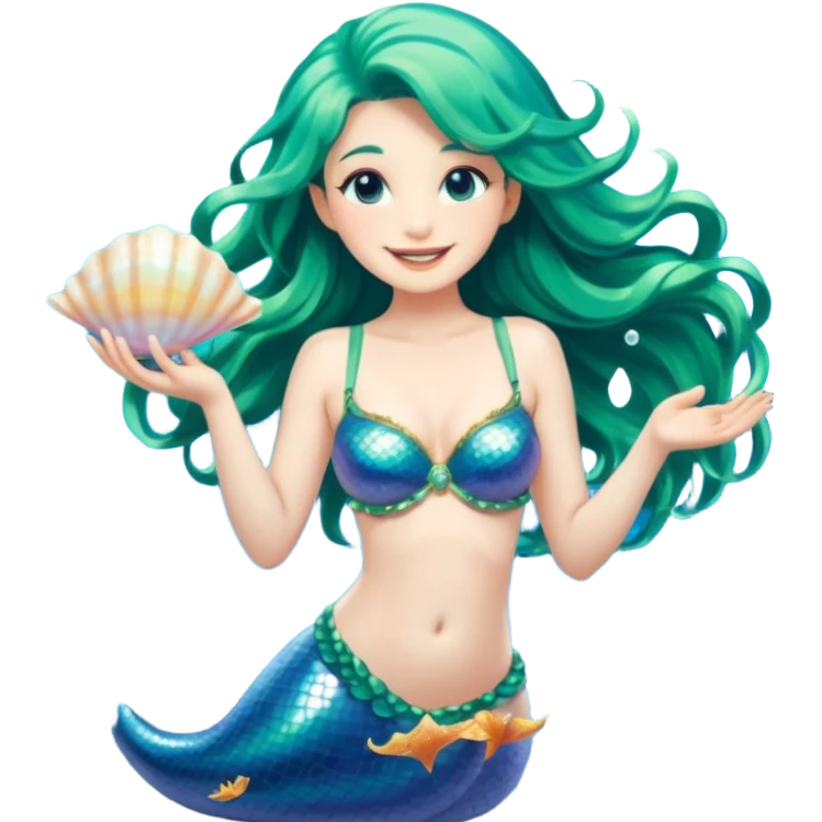 portrait of a mermaid with long flowing sea-green hair, shimmering blue-scaled tail, shell bra, holding a pearl in one hand, smiling softly, front-facing, surrounded by glowing sea particles, fantasy style emoji