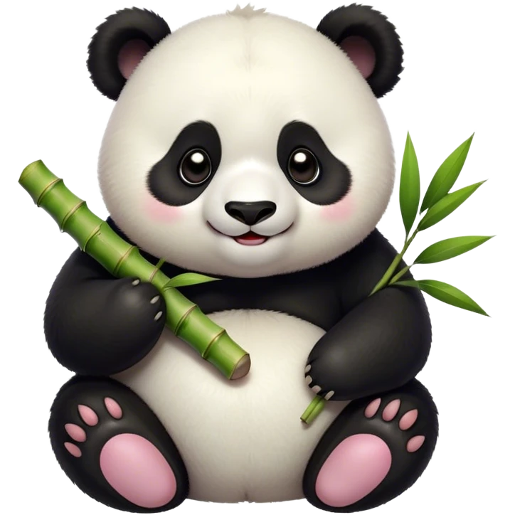 Cinematic smiling chubby panda, fluffy black and white fur, round rosy cheeks, tiny paws holding a bamboo shoot, sparkling eyes full of joy, soft glowing background, irresistibly huggable. emoji