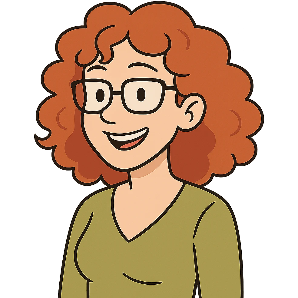 red-haired woman with curly hair, glasses emoji