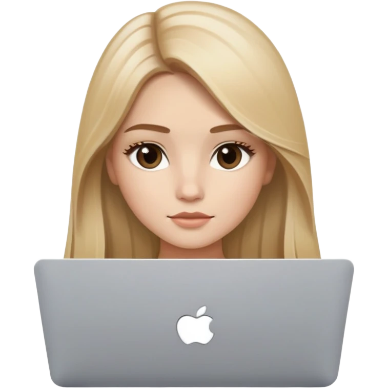 Blonde balayage straight long Hair, small brown almond eyes, small lips, oval face, it girl with macbook emoji