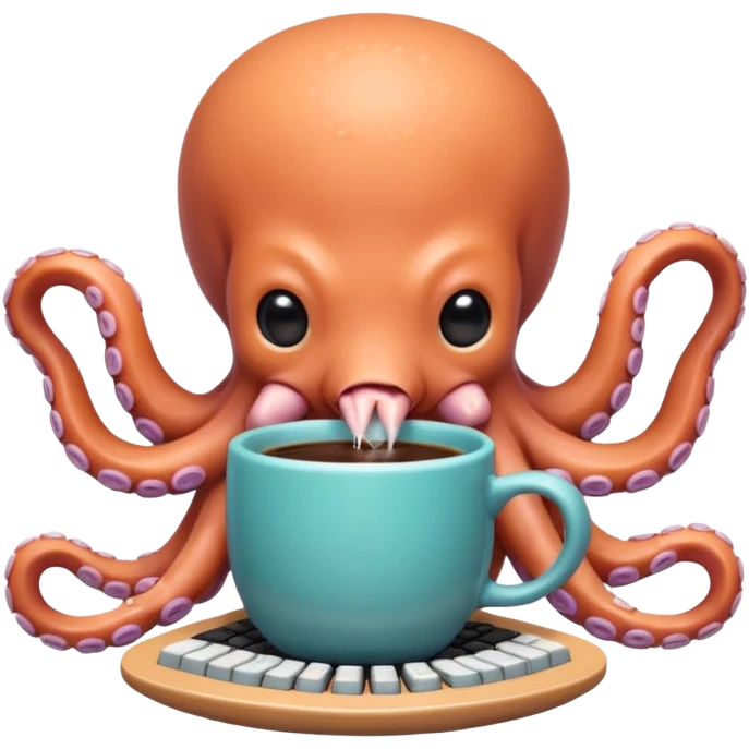 A cute chibi octopus sitting at a tiny desk, typing on a miniature keyboard with all eight arms while sipping coffee from a giant mug. Vibrant pastel colors, rounded edges, extremely expressive, sticker-style, transparent background. emoji
