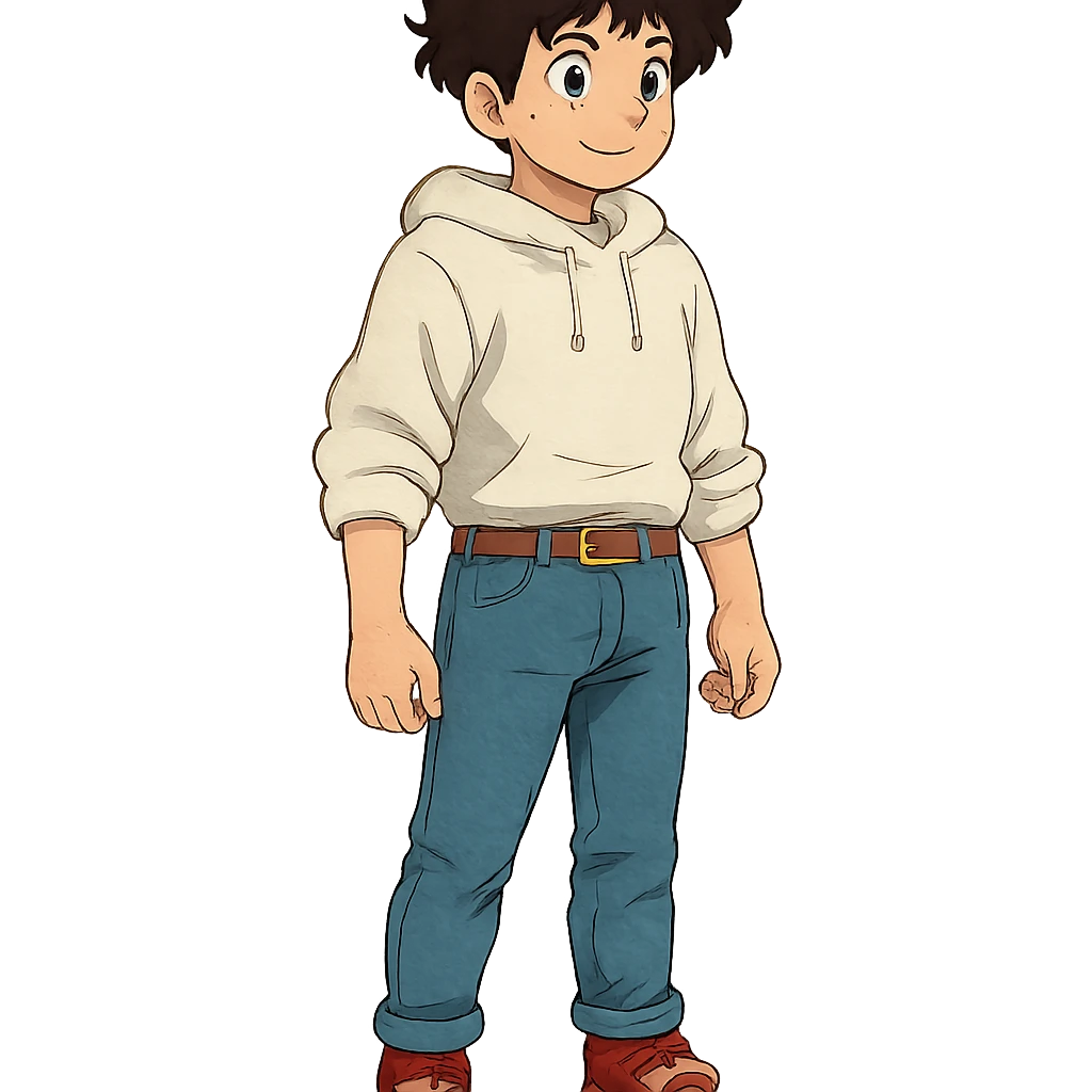 1 male, mid fade haircut dark chestnut brown curly hair, toasted lightskin, white hoodie sleeves up, fashion jeans, red fashion-sneakers shoes, red belt,  style of deku from "my hero academia" emoji
