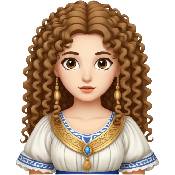 Beautiful Greek character with long puffy curly hair wearing cute traditional Greek clothing emoji