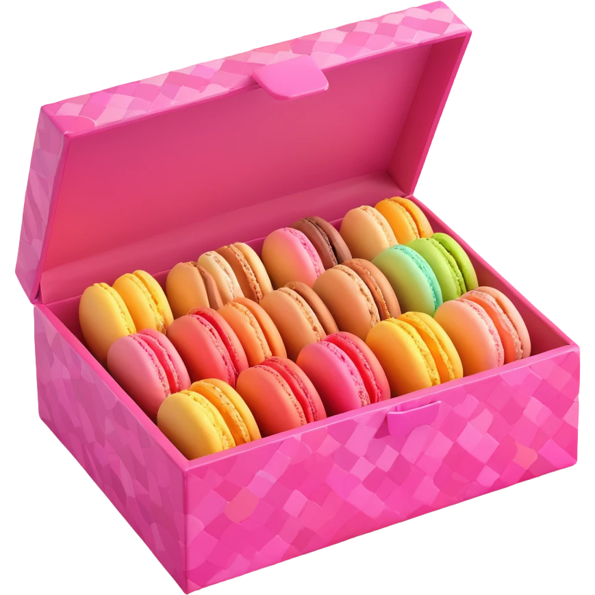 a box of assorted macarons in a pink patterned box, iOS 3D emoji style, shiny and smooth, detailed, playful and appetizing appearance emoji