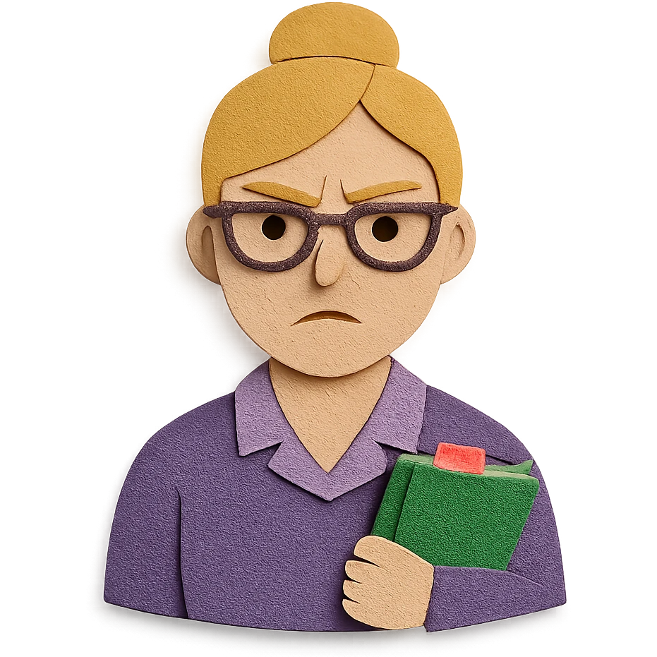 strict and fair senior category math teacher, blonde woman with glasses, paper craft style emoji