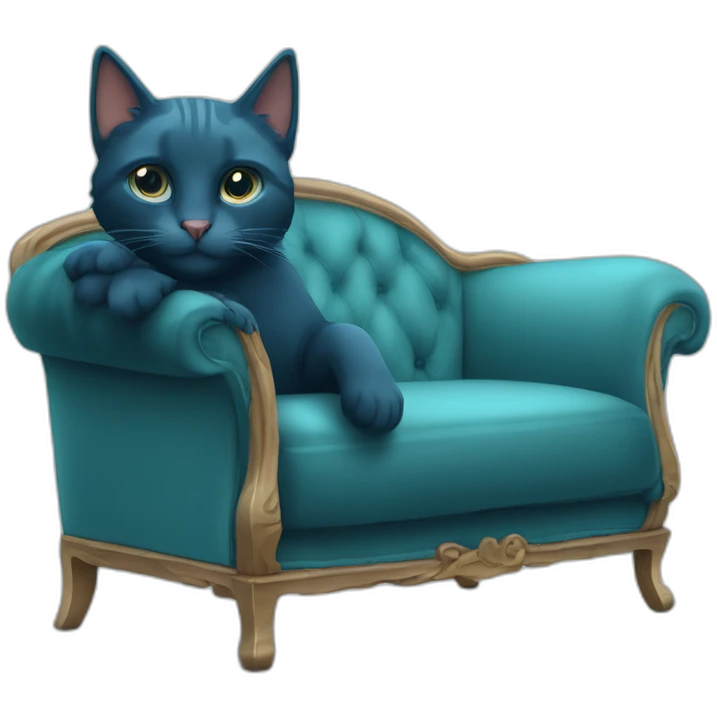dunkelblaue Katze mit türkiser Wollmütze auf einem beigen Sofa emoji