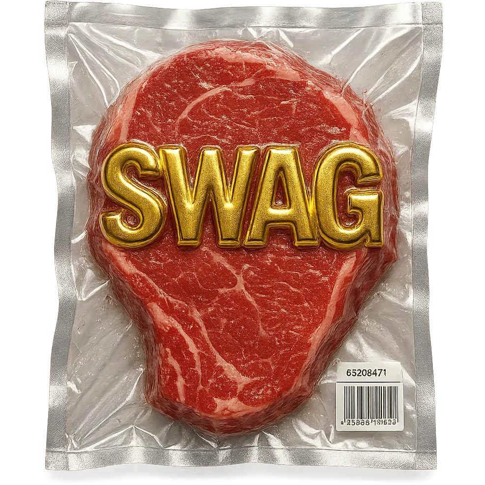 juicy steak with shiny gold 'SWAG' text across the surface, shiny and inflated vacuum-sealed style emoji